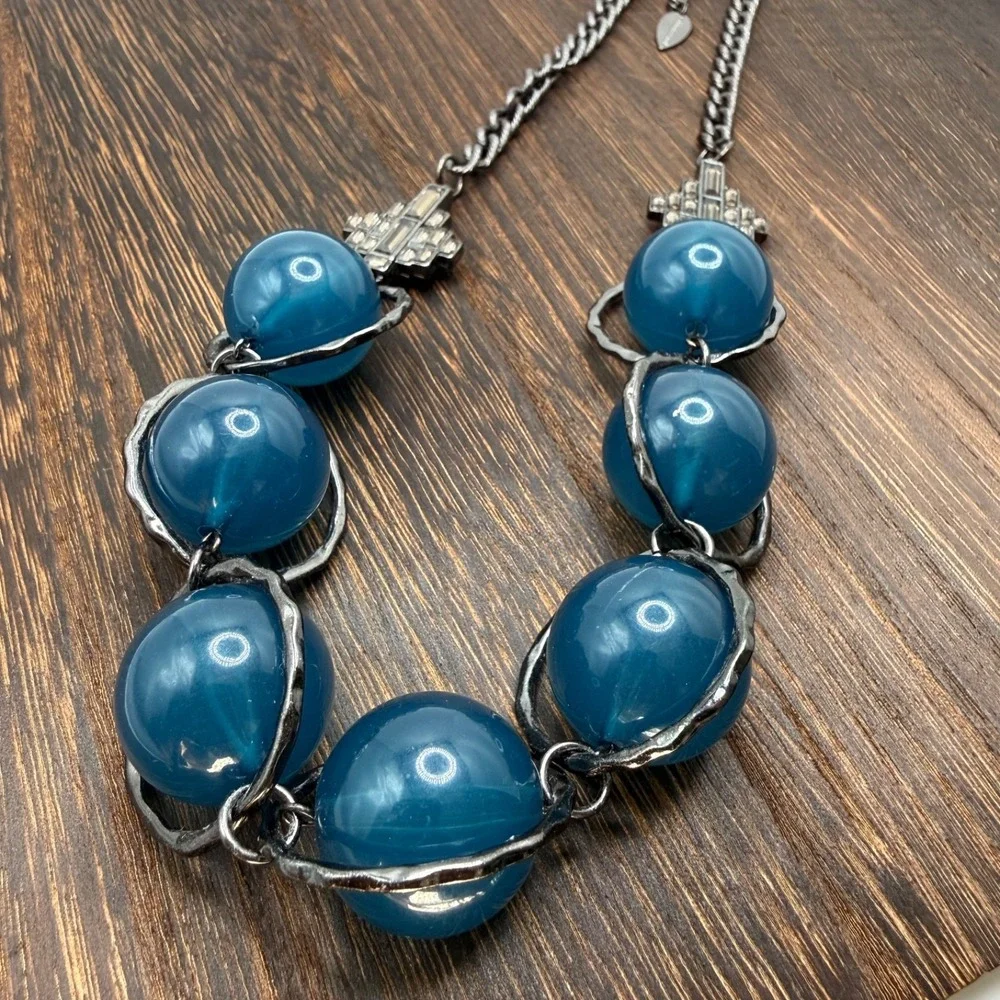 Coldwater Creek Blue Bead Statement Choker Necklace Chunky Bib‎ Collar